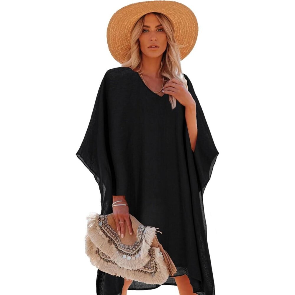 Women's Black Floral 100% Viscose Kaftan Floral Pattern Dress Bathing Swimsuit